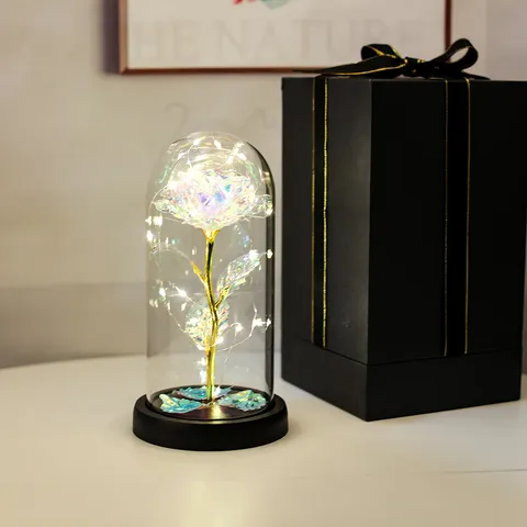 Rose Galaxie Sous Dôme en Verre Lumière LED Fleur Artificielle Rose Enchantée Avec Base Noire Coffret Cadeau Saint Valentin Noël