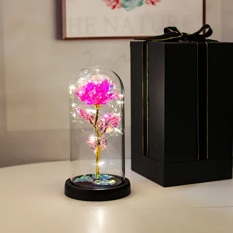 Rose Galaxie Sous Dôme en Verre Lumière LED Fleur Artificielle Rose Enchantée Avec Base Noire Coffret Cadeau Saint Valentin Noël