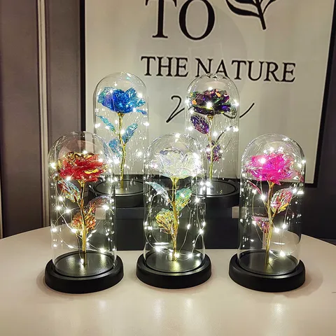 LED Gold Foil Artificial Rose Flower Glass Cover Luminous Romantic Home Decor Valentine Day Gift Table Ornament