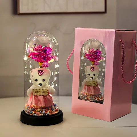 Flor de Rosa Preservada Osito de Peluche Cúpula de Vidrio Con Luz LED Regalo Romántico de San Valentín Para Fiesta Decoración del Hogar