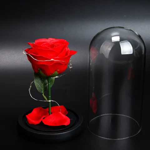 Artificial Red Soap Rose Flower In Glass Dome With LED Lights Romantic Valentine Day Anniversary Gift Decoration For Women