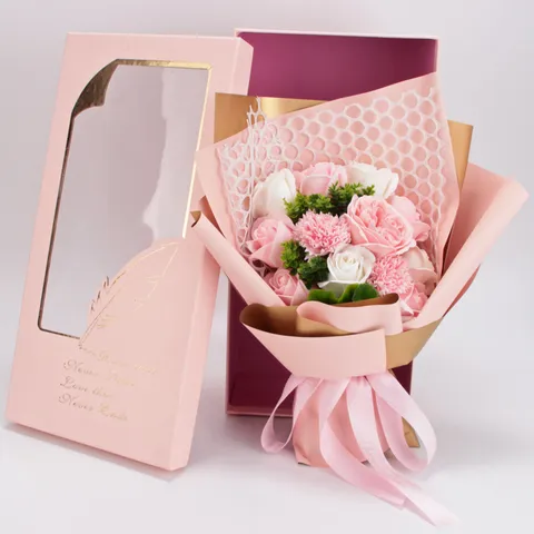 Mother's Day Valentine's Day Gift Soap Flower Bouquet Artificial Rose Carnation With Feather Gift Box Romantic Party Decor