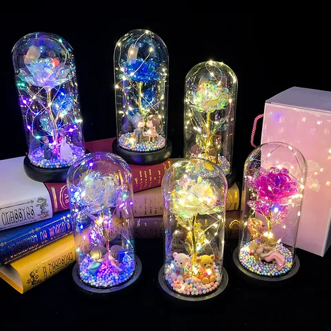 Rose Préservée Dôme en Verre Lumière LED Fleur Feuille d'Or Cadeau de Saint-Valentin Ornement de Bureau Décoration Intérieure