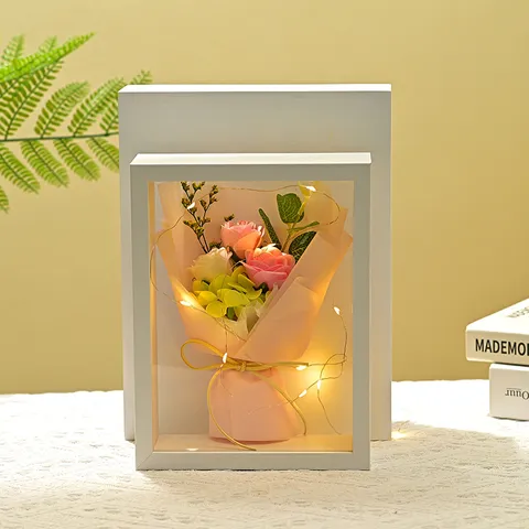Marco de Fotos de Madera Maciza Ramo de Rosas de Jabón Flor Artificial Luz Nocturna LED Decoración del Hogar Regalo de San Valentín