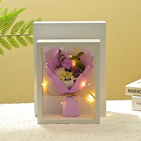 Marco de Fotos de Madera Maciza Ramo de Rosas de Jabón Flor Artificial Luz Nocturna LED Decoración del Hogar Regalo de San Valentín