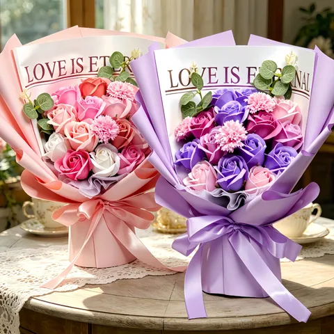 Artificial Soap Rose Flower Bouquet Preserved Floral Gift Hand Tied Bouquet With Window Gift Bag