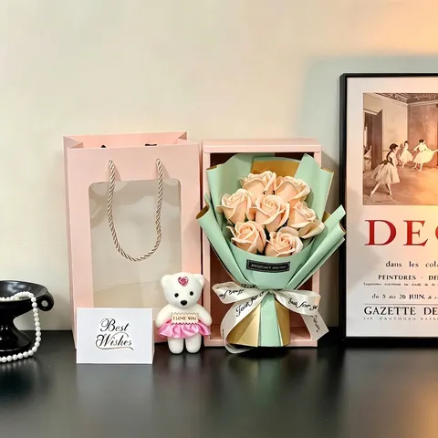 Soap Rose Eternal Flower Gift Box With Bear And Handbag For Valentine Day Wedding Party Favors Handmade Floral Gift Set