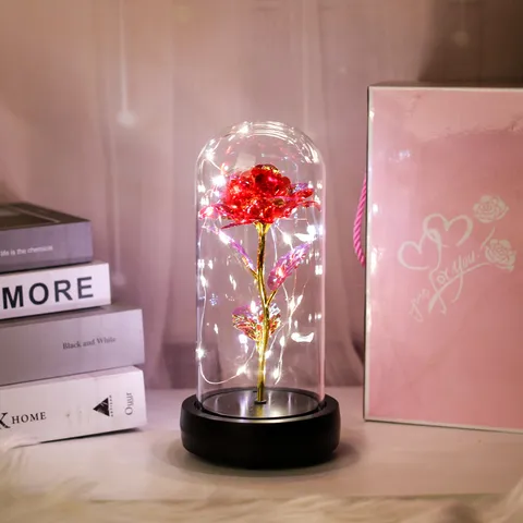 Rose Préservée Dôme en Verre Lumière LED Fleur Feuille d'Or Cadeau de Saint-Valentin Ornement de Bureau Décoration Intérieure