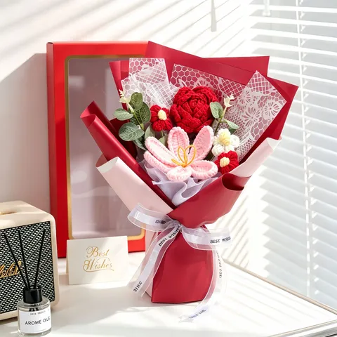 Handmade Knitted Woolen Rose Tulip Bouquet Artificial Flower With Gift Box Greeting Card Home Decoration Souvenir Gift