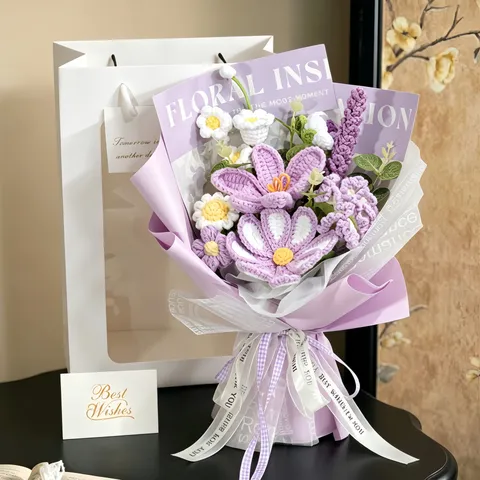 Hand Knitted Yarn Flower Bouquet Crochet Rose Tulip Cosmos Handmade Floral Gift With Wrapping Bag And Greeting Card For Mother Day Birthday Wedding Valentine Celebration
