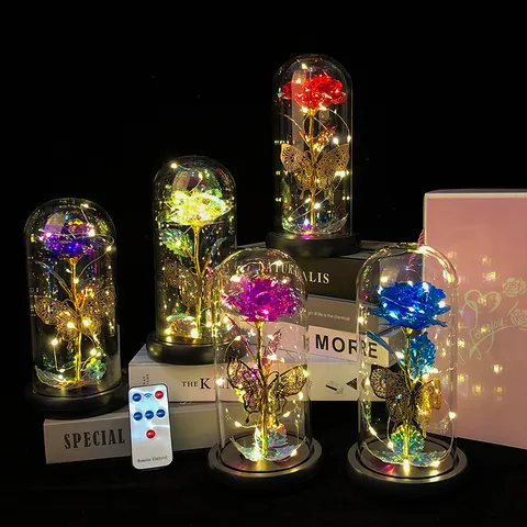 Flor Preservada Tapa de Vidrio Adorno de Luz LED Colorida Con Mariposa Hueca Control Remoto Regalo de San Valentín
