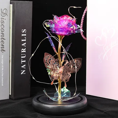 Flor Preservada Tapa de Vidrio Adorno de Luz LED Colorida Con Mariposa Hueca Control Remoto Regalo de San Valentín