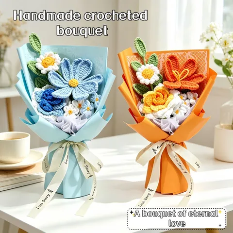 Bouquet di Fiori in Lana Lavorato all'Uncinetto a Mano Rosa Margherita Cosmos Con Borsa Regalo Biglietto d'Auguri San Valentino
