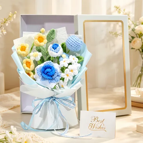 Handmade Crochet Yarn Flower Bouquet Knitted Rose Lily Of Valley Artificial Flowers Gift Box Valentine Home Decor