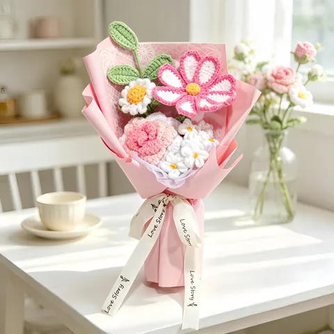 Bouquet di Fiori in Lana Lavorato all'Uncinetto a Mano Rosa Margherita Cosmos Con Borsa Regalo Biglietto d'Auguri San Valentino