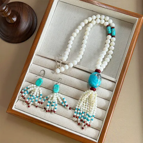 Tibetan Retro Ethnic Turquoise Beaded Long Necklace Drop Earrings Handmade Shell Bead Tassel Pendant Necklace Accessory