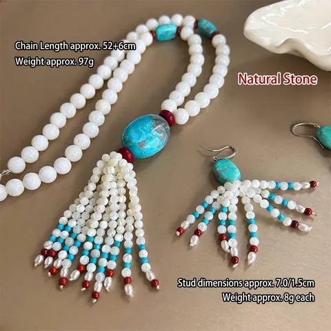 Tibetan Retro Ethnic Turquoise Beaded Long Necklace Drop Earrings Handmade Shell Bead Tassel Pendant Necklace Accessory
