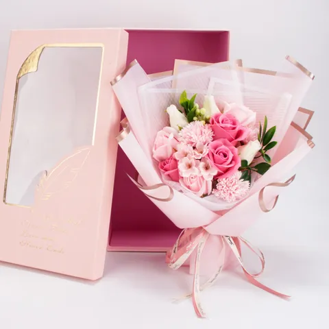 Mother's Day Valentine's Day Gift Soap Flower Bouquet Artificial Rose Carnation With Feather Gift Box Romantic Party Decor