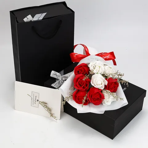 Handmade Scented Soap Flower Rose Bouquet Luxury Gift Box Set With Tote Bag Greeting Card Romantic Valentine Day Anniversary Birthday Surprise Gift For Lover Women Friends