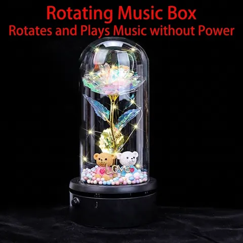 Eternal Rose Flower Glass Dome Rotating Music Box With LED Light USB Remote Colorful Gold Foil Rose Gift For Valentine Women
