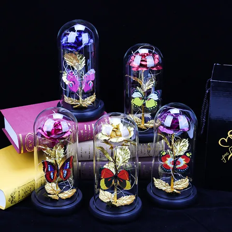 Regalo de San Valentín Rosa Preservada Cúpula de Vidrio Luz Nocturna LED Flor de Hoja de Oro Adorno de Escritorio Decoración del Hogar