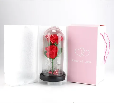 Romantic Glass Rose Flower Dome With LED String Lights Eternal Rose Gift For Valentine Day Home Decor