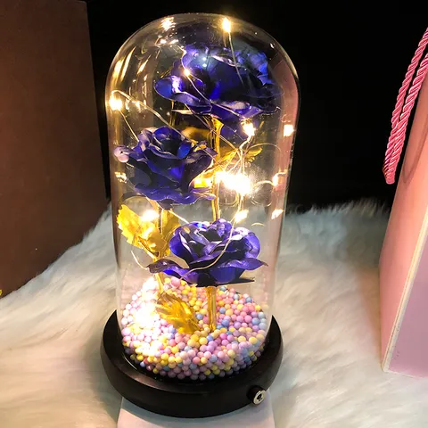 Valentine's Day Gift 3 Heads Gold Foil Rose Flower Glass Cover Ornament With LED Light Remote Control USB Charging Home Decor