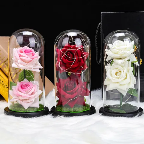 Rosa de Franela Artificial en Cúpula de Vidrio Con Luces LED Decoración de Escritorio Romántica de Flores Eternas para el Día de San Valentín Boda Caja de Regalo Incluida