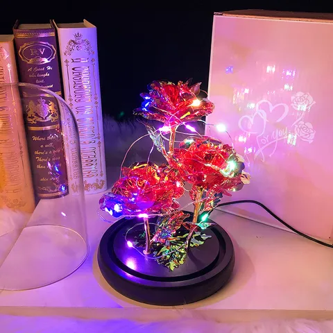 Rosa Galaxia Cúpula de Vidrio Flor Luminosa Luz LED Tres Rosas Flor de Pan de Oro Adorno de Mesa Regalo de San Valentín Cumpleaños