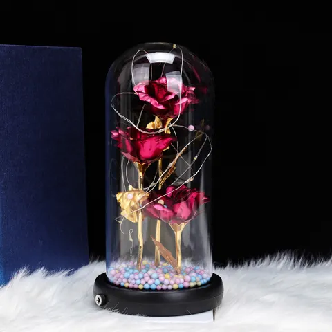 Valentine's Day Gift 3 Heads Gold Foil Rose Flower Glass Cover Ornament With LED Light Remote Control USB Charging Home Decor