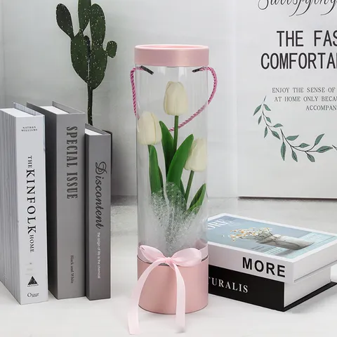 Artificial Tulip Flower In Transparent PVC Cylinder Gift Box Romantic Valentine Home Decor Artificial Floral Arrangement