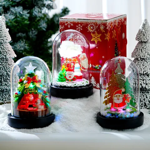 Boîte à Musique Tournante de Noël Couvercle en Verre Arbre de Noël en Bâton Tordu Lumineux Petit Ornement de Cerf Veilleuse LED