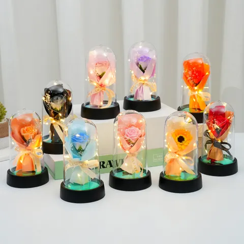 Dôme en Verre de Fleur de Rose Artificielle Veilleuse LED Cadeau Romantique de Saint Valentin Décoration de Bureau