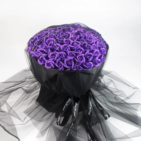 Handmade Soap Flower Rose Bouquet Black Mesh Floral Arrangement with LED Light Valentine Day Gift