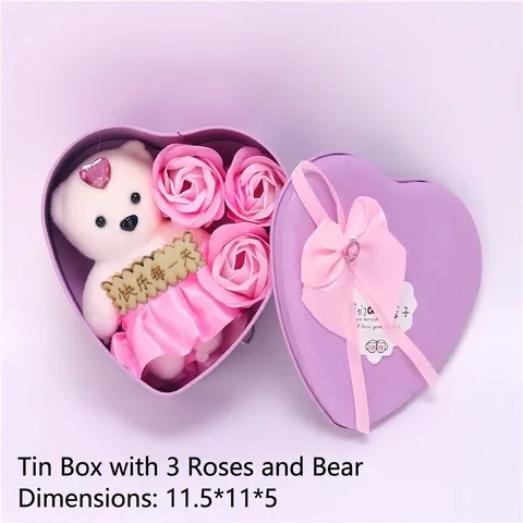 Caja de Hojalata en Forma de Corazón Ramo de Flores de Rosa de Jabón Con Set de Regalo de Oso de Peluche Para El Día de San Valentín Boda Fiesta Decoración