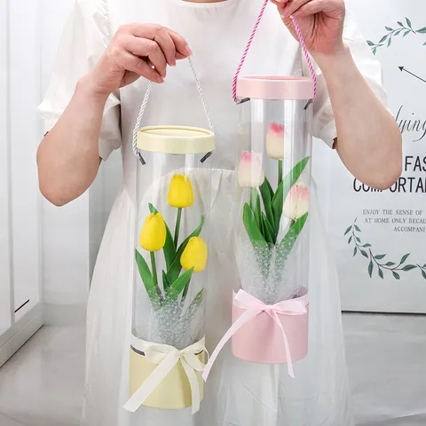 Artificial Tulip Flower In Transparent PVC Cylinder Gift Box Romantic Valentine Home Decor Artificial Floral Arrangement