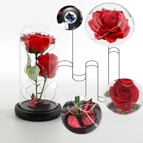 Romantic Glass Rose Flower Dome With LED String Lights Eternal Rose Gift For Valentine Day Home Decor