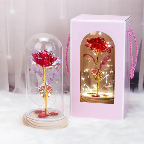 Cubierta de Vidrio Rosa Luminosa Flor Artificial Con Guirnalda De Luces LED Base de Madera Caja de Regalo Para Decoración del Hogar