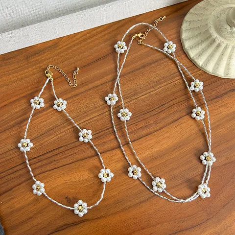 French Vintage Flower Artificial Pearl Necklace Elegant Luxury Floral Clavicle Chain Long Sweater Chain Drop Earrings Set For Women
