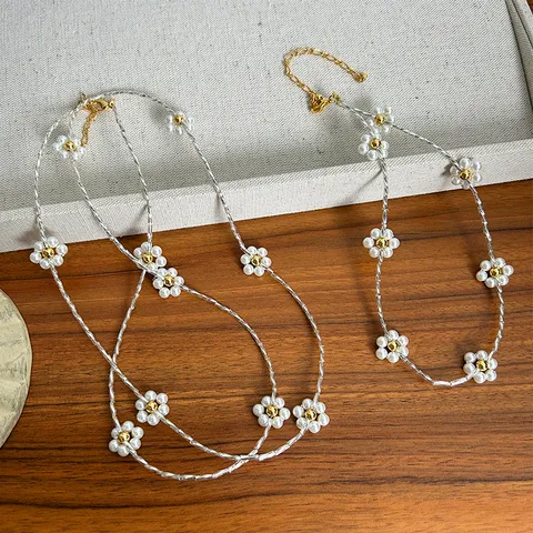 French Vintage Flower Artificial Pearl Necklace Elegant Luxury Floral Clavicle Chain Long Sweater Chain Drop Earrings Set For Women
