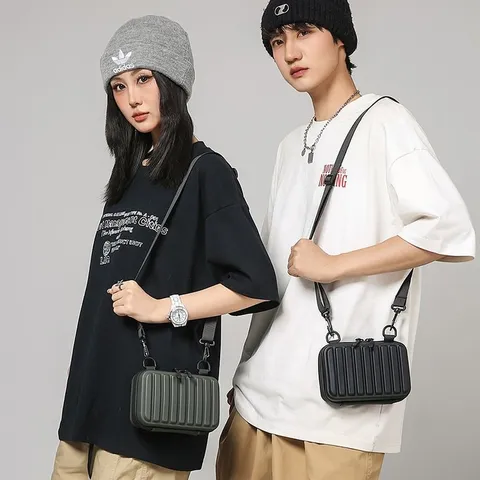 Bolso Bandolera de Moda con Forma de Mini Maleta de Carcasa Rígida Impermeable PVC Bolso de Mensajero de Viaje Para Hombres Mujeres Bolso de Caja con Rayas Verticales