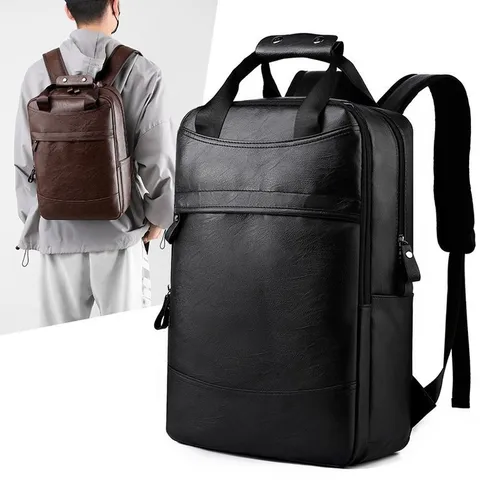 Mochila de Cuero PU de Negocios para Hombre Gran Capacidad Bolsa de Computadora Impermeable para Viajes Escuela Estudiantes Color Sólido Negro Caqui Marrón