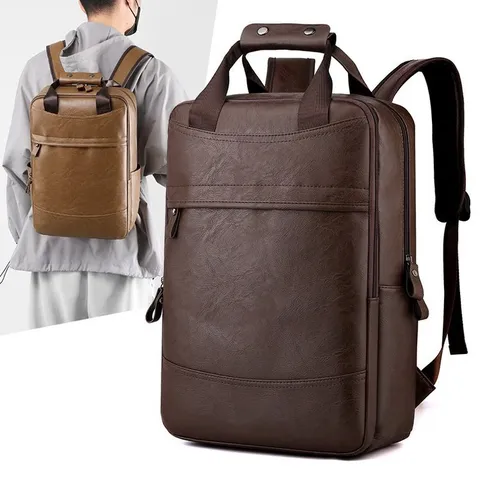 Mochila de Cuero PU de Negocios para Hombre Gran Capacidad Bolsa de Computadora Impermeable para Viajes Escuela Estudiantes Color Sólido Negro Caqui Marrón