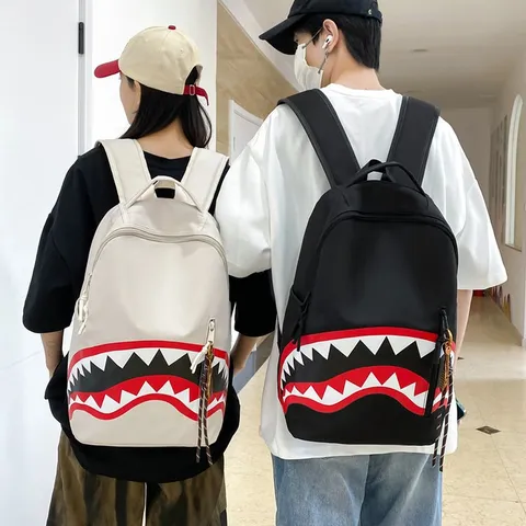 Men's Fashion Casual Backpack Large Capacity Nylon Shark Mouth Print School Bag Travel Backpack Daypack