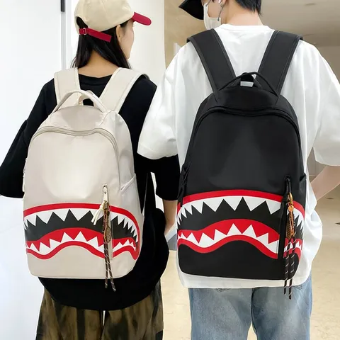 Men's Fashion Casual Backpack Large Capacity Nylon Shark Mouth Print School Bag Travel Backpack Daypack