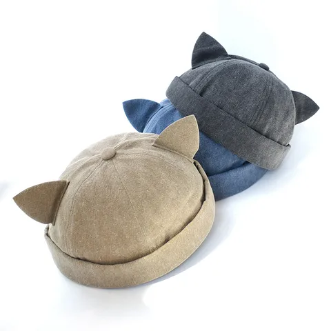 Unisex Casual Cotone Berretto Docker Carino Orecchie di Gatto Senza Tesa Skull Cap Tinta Unita Per Uomo Donna