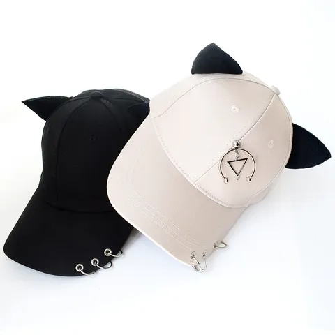 Hip Hop Baumwolle Baseballkappe Mit Katzenohren Metallring Kette Personalisierte Outdoor Schirmmütze Für Damen Herren Hip Hop Stil Hut