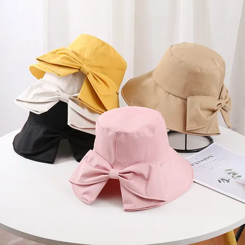 Chapeau Bob Femme Style Coréen avec Nœud et Fente Protection Solaire Large Bord Mélange Polyester Chapeau de Plage Été Mode