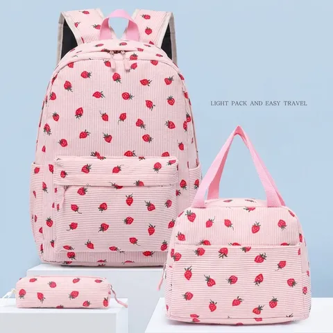 Japanese Harajuku Corduroy Strawberry Print College Backpack With Lunch Bag And Pencil Case For Girls Women School Backpack
