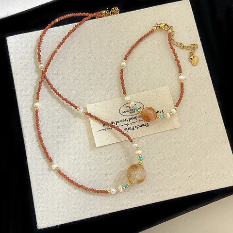 New Chinese Style Natural Freshwater Pearl Citrine Choker Necklace Bracelet For Women Beaded Copper Chain Jewelry Set